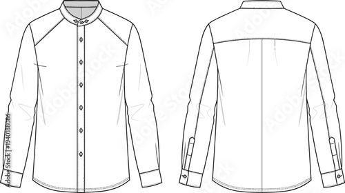 Men's Long Sleeve Grandad Collar Shirt Vector Technical Flat Sketch Front and Back View Casual Raglan Sleeve Button Down Apparel