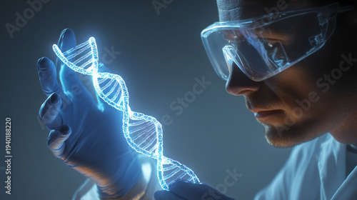 A scientist examining a glowing DNA model in a laboratory setting.