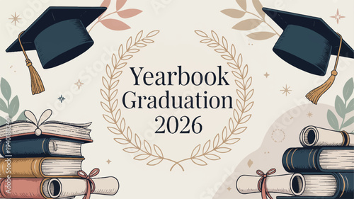 Graduation yearbook cover design with caps diplomas and books on a light beige background with floral elements and stars