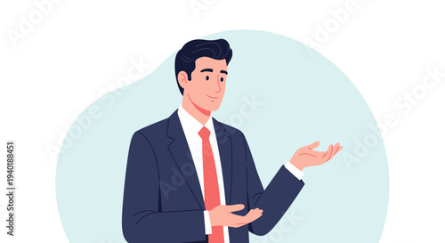 Illustration of a businessman in a suit gesturing with a presentation.