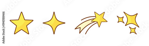 Star icon collection. Simple star shape in different type. Decorative twinkle, burst, sparkle and shooting star symbol set. Transparent vector