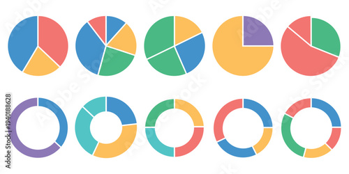 Circle Division Infographic Icon Set Featuring Round Pie Chart and Donut Chart Segmented Wheel Data Illustration