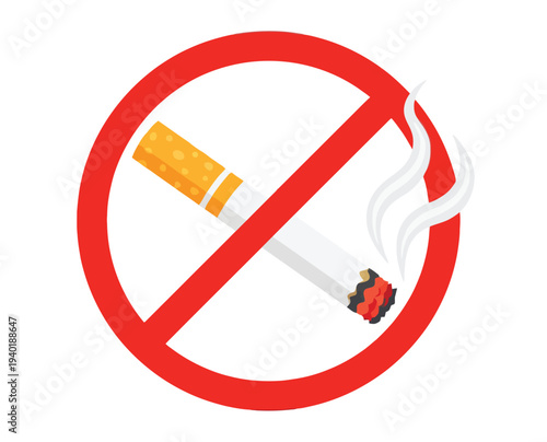 No smoking sign with a red circle and slash over a lit cigarette with smoke rising from it on a white background