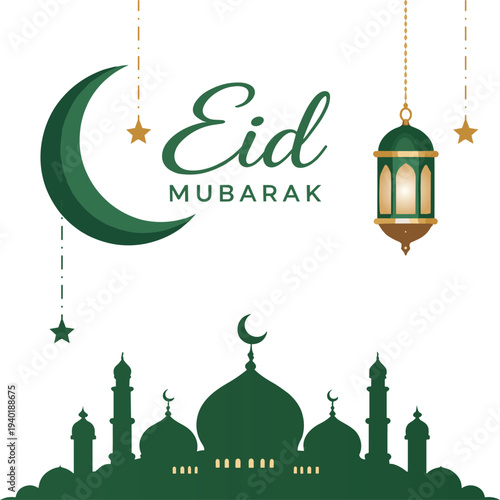 Eid Mubarak Islamic Poster with Crescent Moon Lantern and Mosque Silhouette