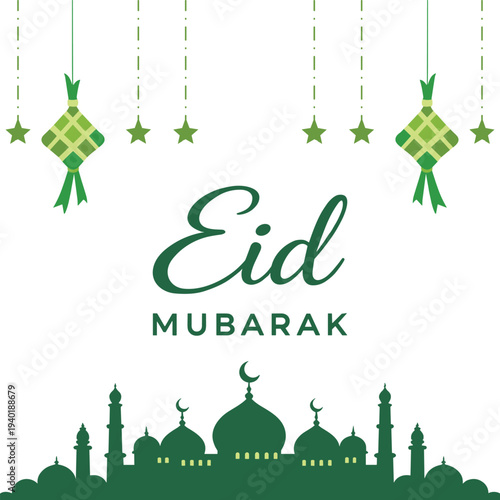 Eid Mubarak Islamic Poster with Mosque Silhouette and Ketupat Decoration