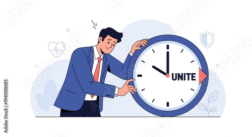 Businessman adjusting clock with unite text on its face.