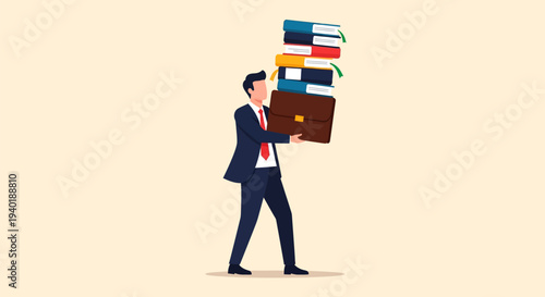 Businessman carrying briefcase and books, symbolizing workload and responsibilities.