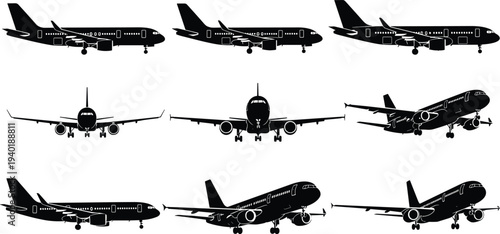 Passenger airplane silhouettes set commercial aircraft flying transport aviation vector illustration collection