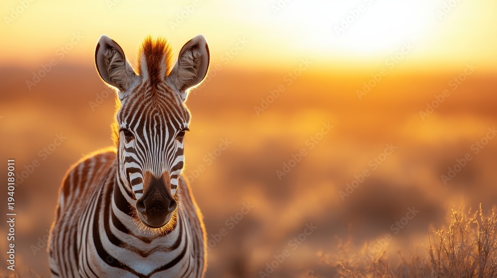 Obraz premium A close-up of a zebra standing in a golden sunset, capturing its striking patterns against a warm backdrop that speaks to nature's beauty and wildlife.