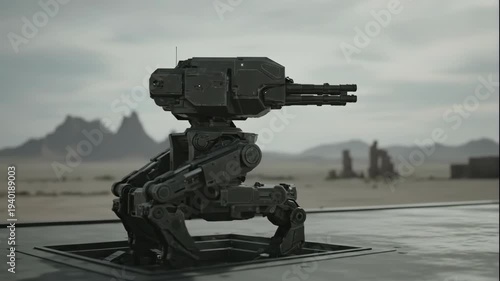 Futuristic Robot Sentinel in Desert Landscape.