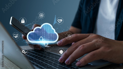 Cloud computing and database information technology server.Businessman hosting cloud storage for backup personal data and device network.dowload, upload document file system in cyber security.