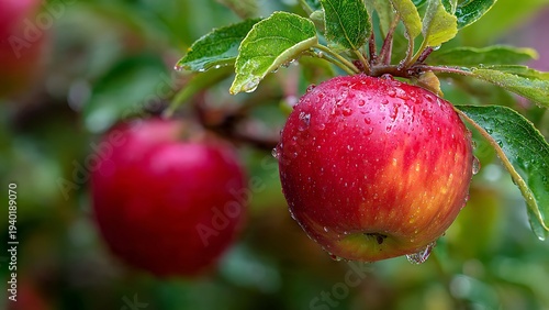 Fresh apples growing on a healthy tree surrounded by green leaves.
