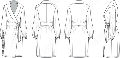 Women's Long Sleeve Wrap Robe Fashion Flat Sketch Template Vector Illustration with Shawl Collar Self Tie Belt and Gathered Cuffs