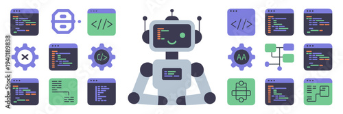 Robot developer and terminal coding icons – Suitable for technical documentation, software interfaces, or AI coding.