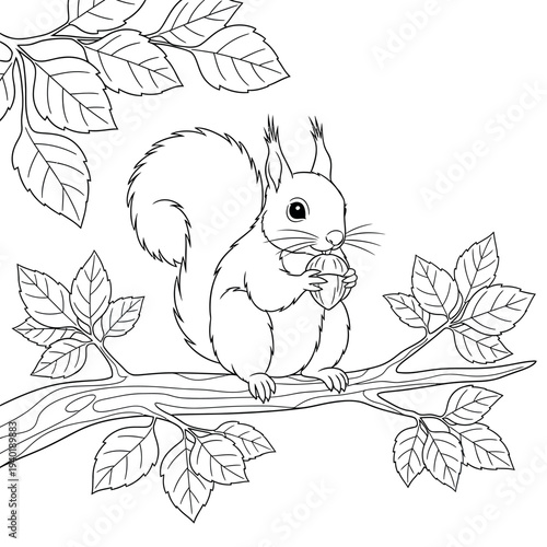 Squirrel on a tree branch holding an acorn