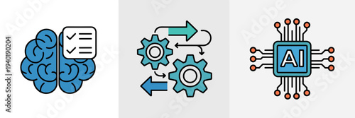 AI task automation and checklist brain icons – Ideal for productivity apps, workflow management, or smart execution.