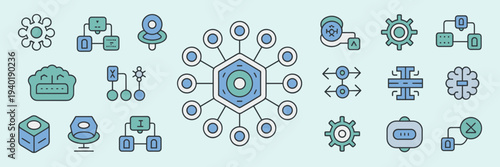Agent orchestration and AI control hub icons – Ideal for system architecture, workflow design, or tech interfaces.