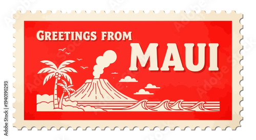 Tableau sur toile Retro Stamp Greetings From Maui Hawaii Volcano Beach Palm Trees Ocean Waves