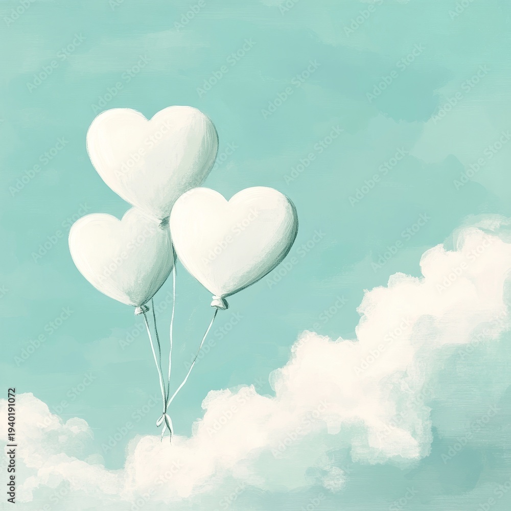 Fototapeta premium Three White Heart Shaped Balloons Gracefully Floating Against a Clear Blue Sky on a Bright Sunny Day