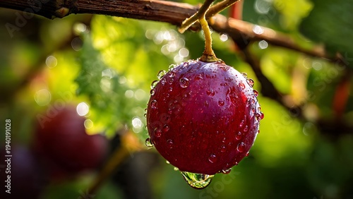 Ripe purple grapes hanging from a vine surrounded by fresh green leaves in a sunny garden.