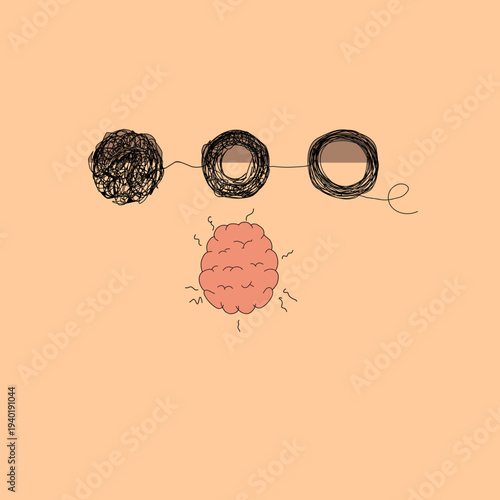 brain illustration with tangled and untangled yarn line art. Concept for therapy, problem solving, mental health clarity, and organizing thoughts on a warm peach background.