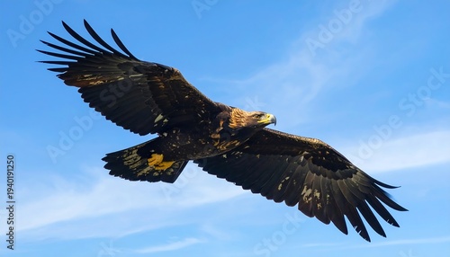Golden Eagle soaring high in the clear blue sky.