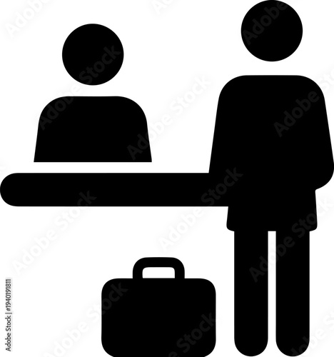 Check-in Counter Icon at Airport or Hotel Reception with Staff and Traveler