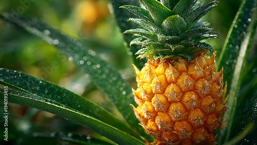 Golden pineapple ripening naturally among spiky green foliage.