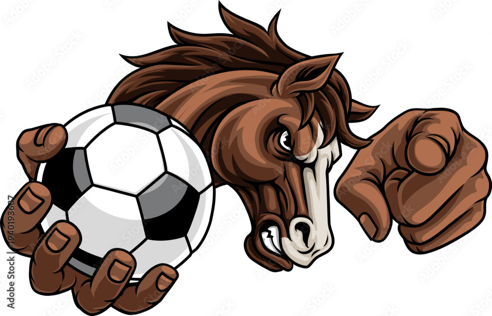 Fototapeta premium Horse mustang bronco stallion soccer football angry sports team mascot holding a ball.