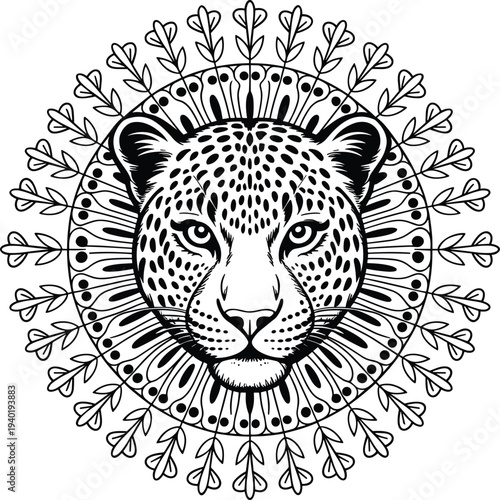 Leopard head portrait with floral mandala circular pattern line art for coloring book page animal wildlife and bohemian nature illustration, 20 words.