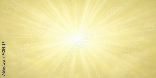 A vintage grunge sunburst illustration features bright orange and yellow sun rays glowing across a blue summer sky to create a hot burst of light in this retro nature design