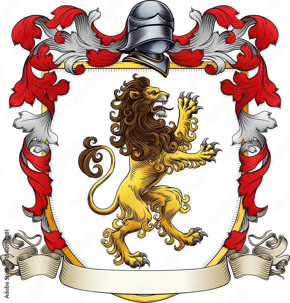 Fototapeta premium A lion coat of arms or crest family heraldry medieval heraldic knight shield with helmet and acanthus filigree scroll ornament in a vintage woodcut style.