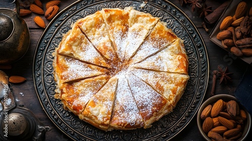 Moroccan Pastilla Savory Sweet Pie with Powdered Sugar and Almonds