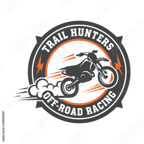 Dynamic logo for Trail Hunters Off-Road Racing featuring a black motocross dirt bike in mid-air with dust trail and lightning bolts.