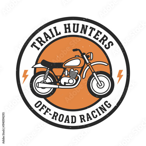 Vintage style circular logo featuring a classic off-road motorcycle with "TRAIL HUNTERS OFF-ROAD RACING" text and lightning bolts.