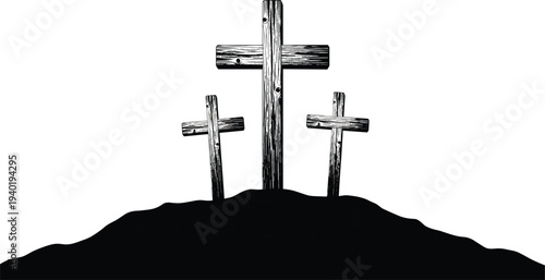 Three Wooden Christian Crosses on Calvary Hill Silhouette Vector Illustration for Good Friday, Easter Sunday, Religious Events, and Spiritual Church Graphic Designs