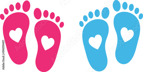 Set of Cute Pink and Blue Baby Footprints with Heart Shapes Inside for Newborn Announcements, Gender Reveal Parties, and Baby Shower Designs