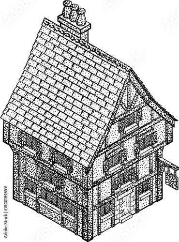A medieval building map icon isometric illustration in a vintage retro engraved woodcut dots etching style