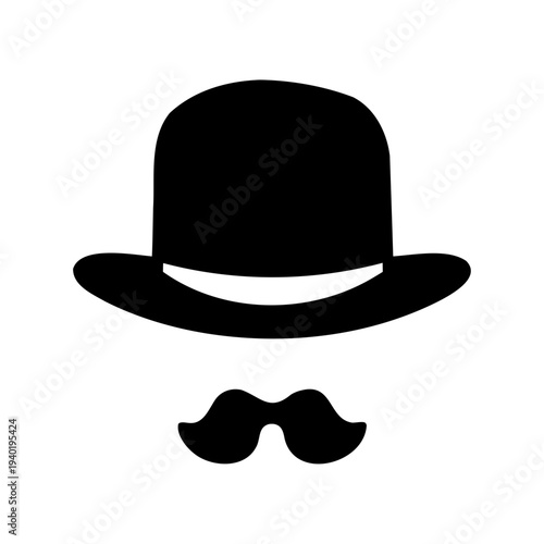 Minimalist representation of a gentleman with bowler hat and moustache in black