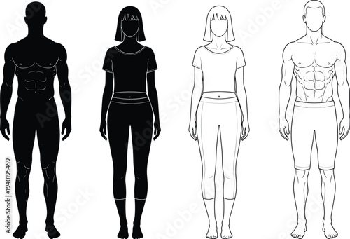 Male and female human body silhouette and outline set, anatomy figure template vector illustration