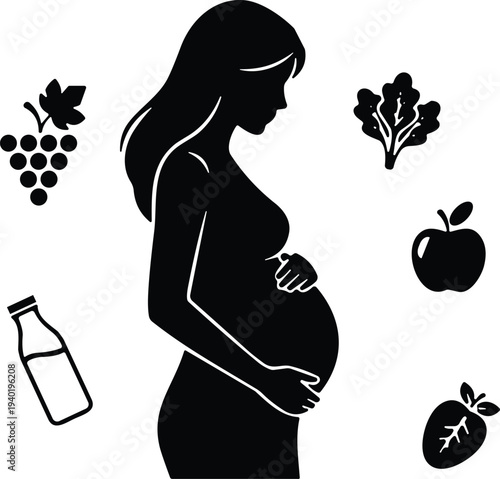 Silhouette of pregnant woman with healthy food icons like fruits and vegetables for pregnancy nutrition prenatal care and maternal wellness,