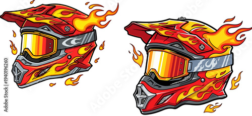 Set of 2 Red Motocross Helmets with Fiery Flame Graphics and Orange Visors Vector Illustration for Extreme Sports and Racing Design