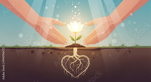 Hands nurturing a glowing plant with heart shaped roots growing in soil symbolizing care and growth