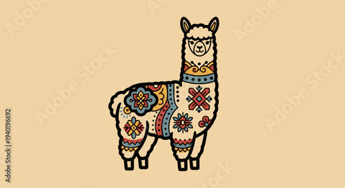 Colorful Llama with Floral Patterns Standing.