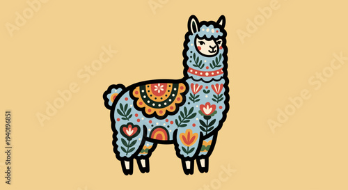 Colorful Cartoon Llama with Floral Patterns.