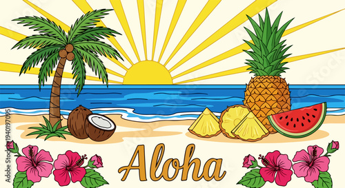 Vibrant tropical beach vector illustration with palm tree, coconuts, pineapple, watermelon, hibiscus flowers, and a rising sun, featuring the word "Aloha" for summer vacation and travel themes.