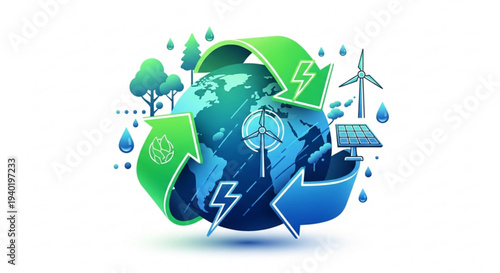 Eco friendly globe with recycling symbol renewable energy sources and environmental icons for sustainability and conservation