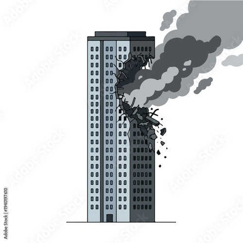 vector flat of a damaged building burned by a missile attack 0010