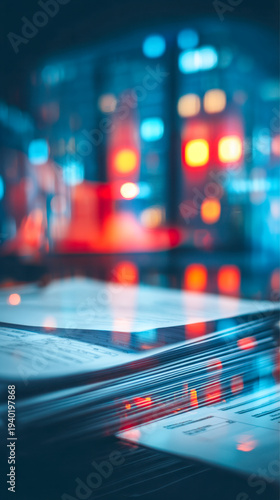 Insurance claims paperwork with glowing payout hologram in dim corporate office