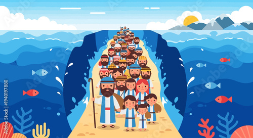 Moses Parts the Red Sea Biblical Illustration Exodus Story Jewish Passover Religious Background